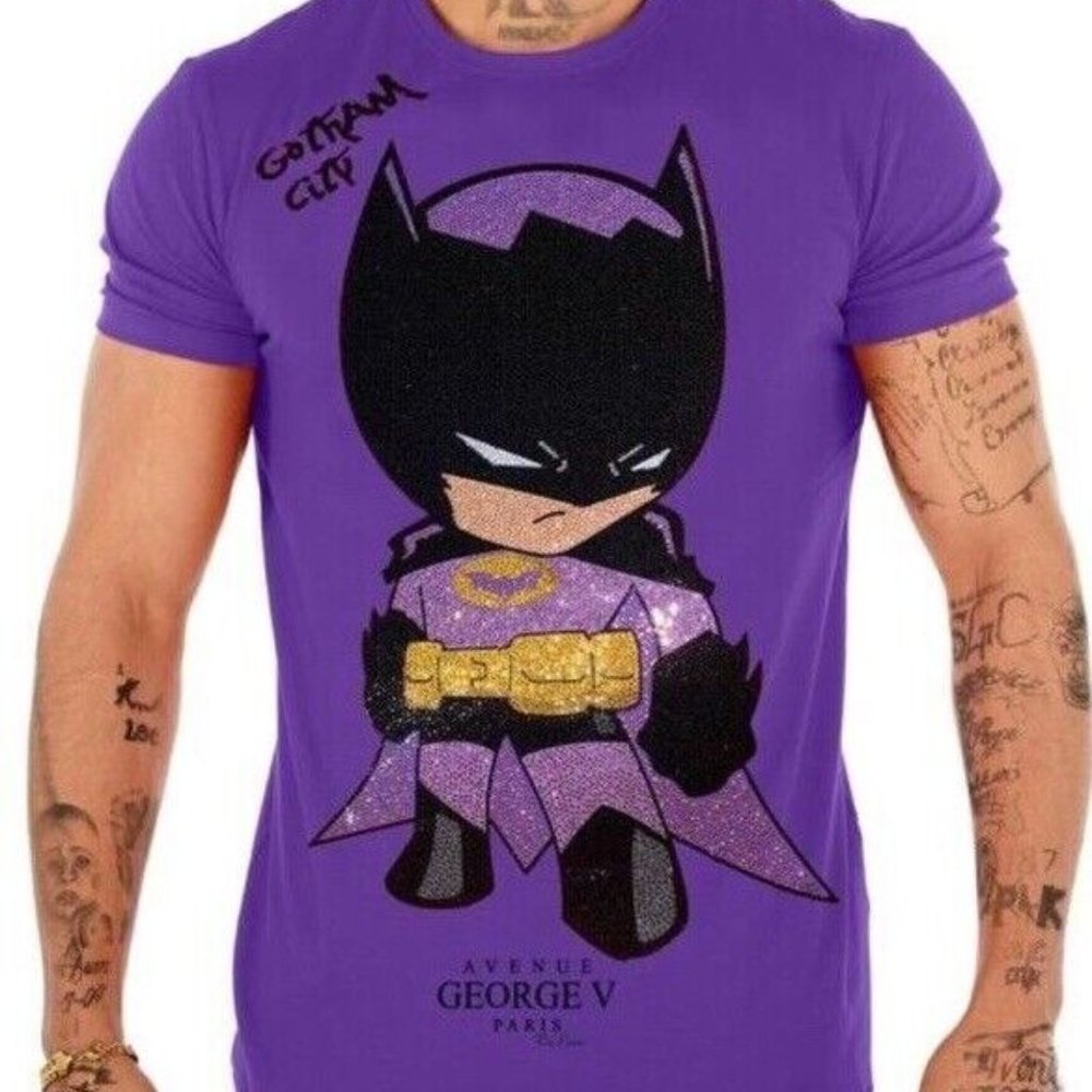 Avenue George V Paris T-Shirt men’s Purple Short sleeve BATMAN shirt Rhinestone